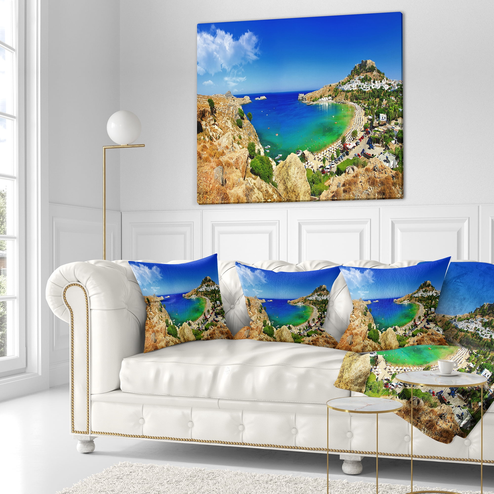 Designart Lindos Bay Greece Panorama - Landscape Photography Throw Pillow - 18x18