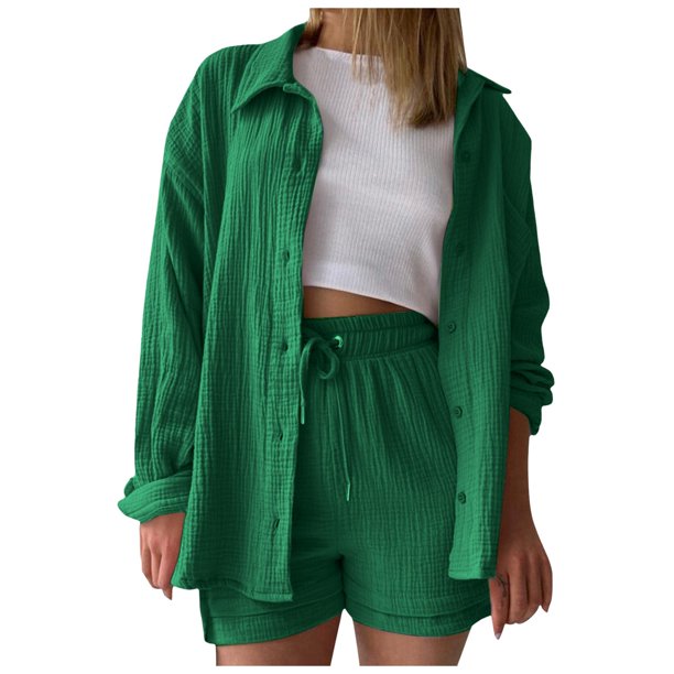 Conjunto de camiseta de manga larga y pantalones cortos para mujer: color liso, cintura alta con cordón, informal