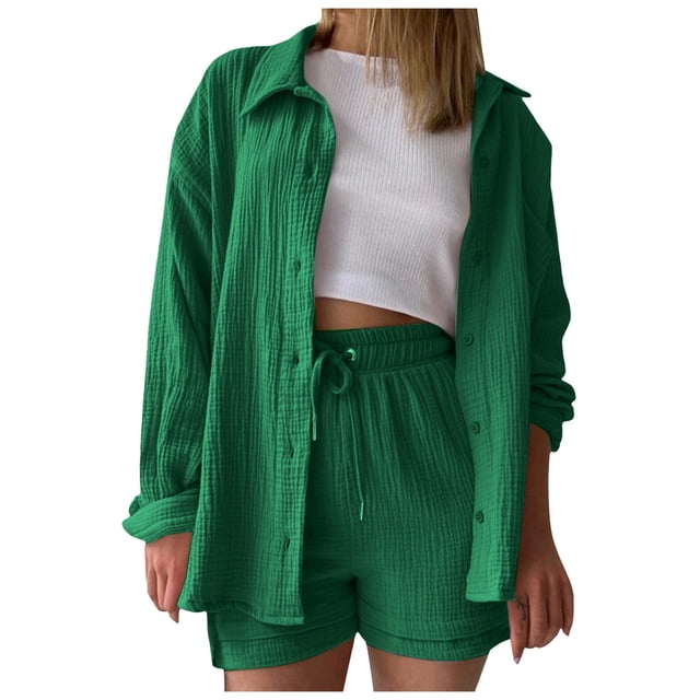 Conjunto de camiseta de manga larga y pantalones cortos para mujer: color liso, cintura alta con cordón, informal