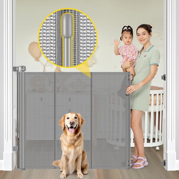 42” Extra Tall Pet Gate for Doorways, Extends up to 60” Wide, Extra Tall Retractable Gates with Rods to Prevent Crawling Through Retractable Mesh Dog Gate Indoor Outdoor, Gray