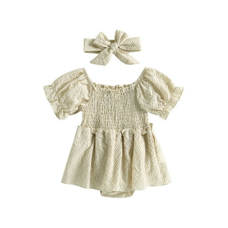 

Suanret Toddler Baby Girls 2Pcs Summer Outfits Short Puff Sleeve Plaid Print Shirred Romper with Headband Set Apricot 6-12 Months