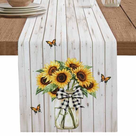 nqOlkjepod Yellow Sunflower Butterfly Table Runner 72 Inches Long Farmhouse Dress Scarves, Wood Farmhouse Vintage Dining Tablerunner for Coffee Table/Kitchen Island/Party Décor, 13" x 72"