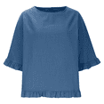 thumbnail image 5 of Women Summer Cotton Linen T Shirts Solid Cotton and Linen Ruffle Pleated Hem Tops Half Sleeve Round Neck Casual Shirt Comfortable Shirts, 5 of 5