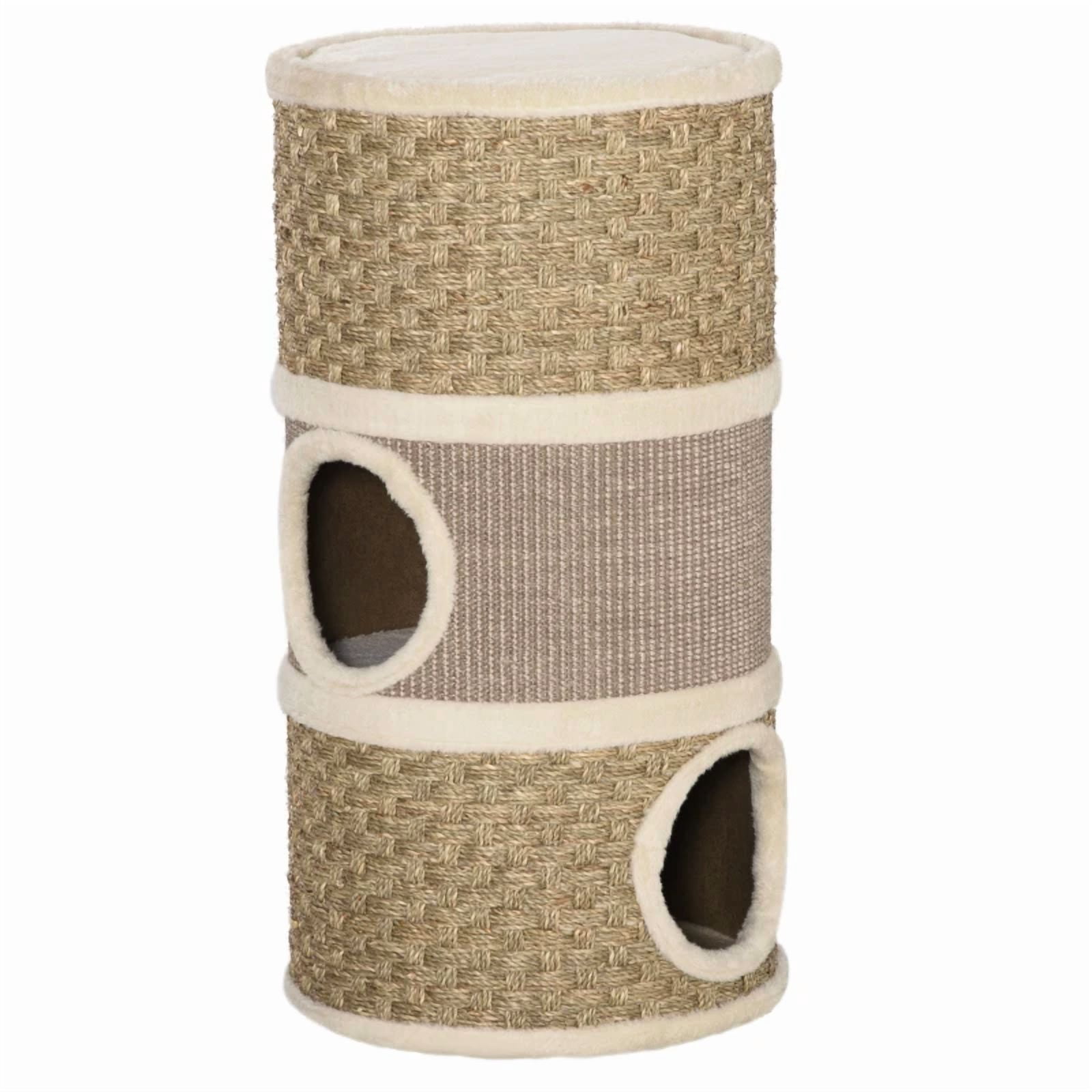 27.5" Cat Condo Barrel Shaped Cat Hideaway, 3-Tier Cat Tower with Plush Lining, Sisal & Seaweed Scratching Pads, Sturdy Particleboard No Assembly Cat House for Cats Under 9 lbs