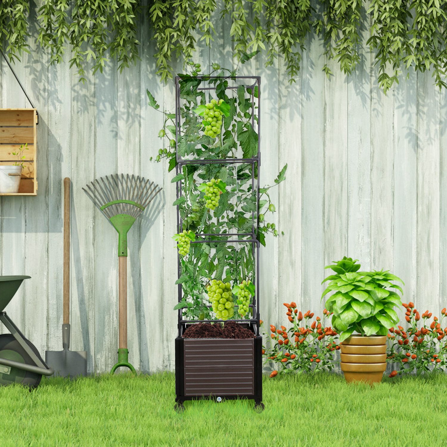 Large Tall Raised Garden Bed with Trellis for Climbing Plants, 63in Expandable Vertical Planter with 4 Lockable Wheels Outdoor Indoor Planter Box for Vines Tomatoes Cucumbers on Patio, Balcony Deck