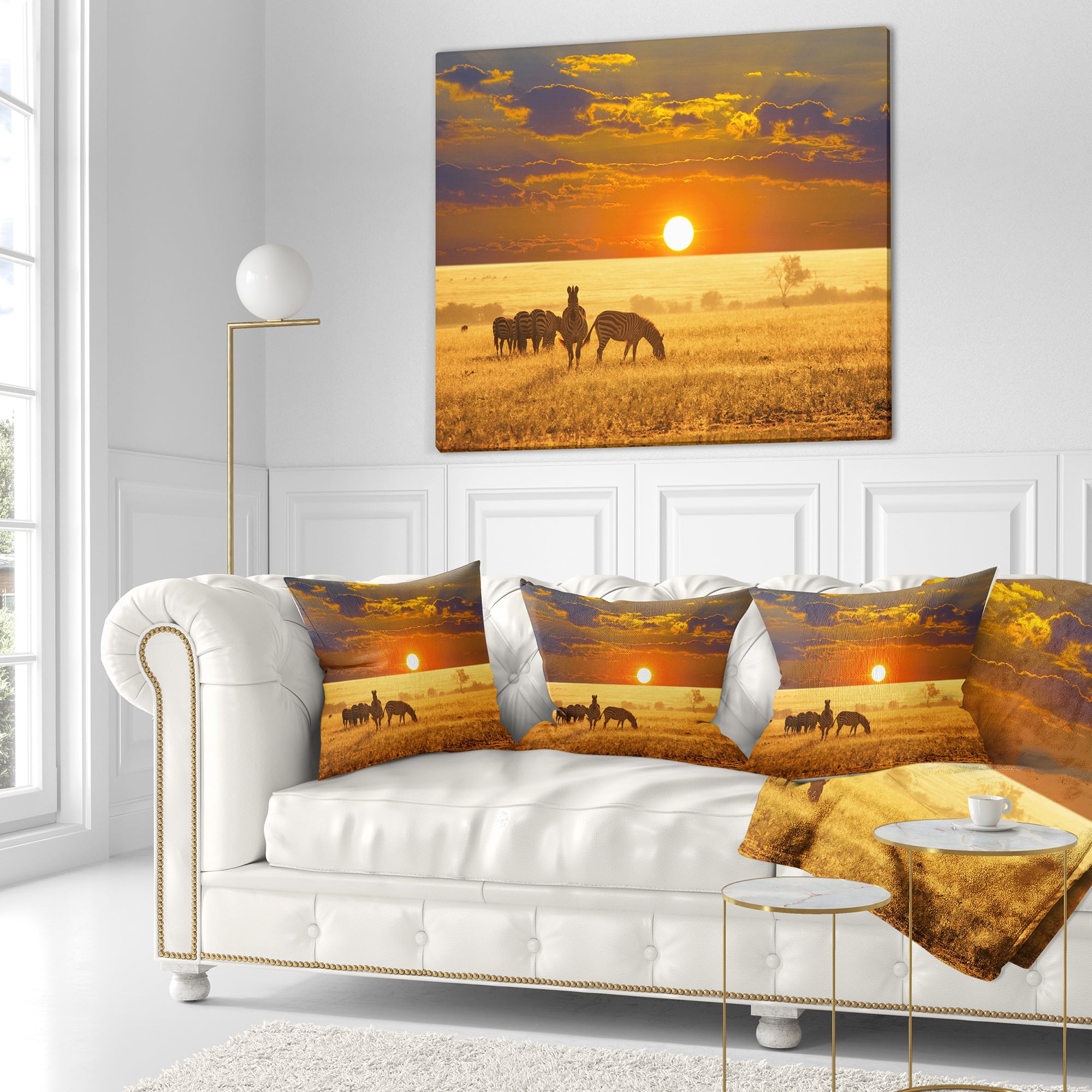 Designart Group of Zebras Grazing At Sunset - Animal Throw Pillow - 18x18