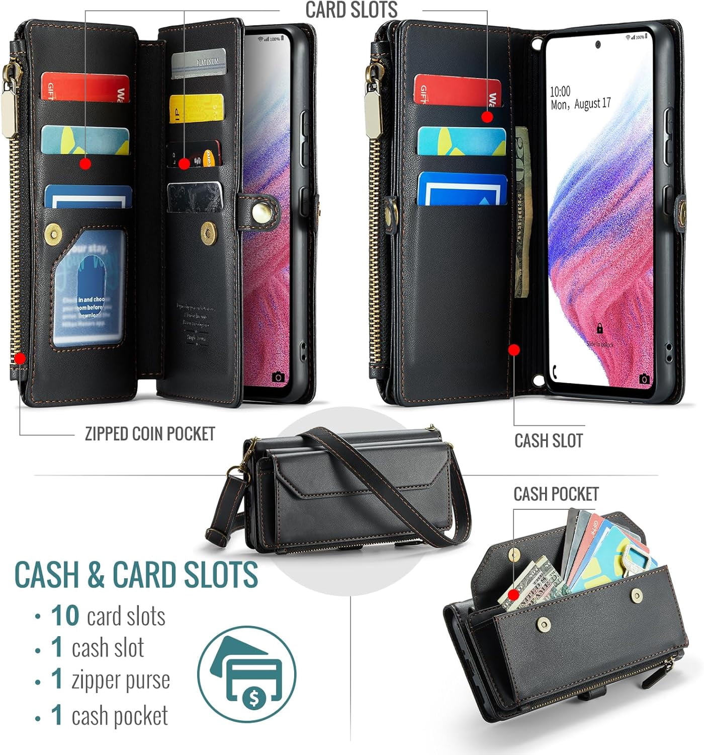 Phone Case for Samsung Galaxy A53 5G Zipper Wallet Cover with Tempered Glass Screen Protector and Leather Flip RFID Blocking Card Holder Cell A 53 G5 53A SM A536U 6.5" 2022 Women Girls Black