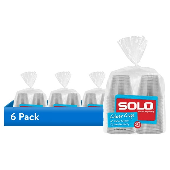 (6 pack) Solo Party Disposable Plastic Cups, Clear, 9 oz, 50 Count