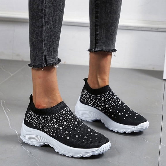 NOKIO Women's Crystal Rhinestone Summer Shoes Breathable Sports Shoes Women's Mesh Flying Woven Sneakers Women's Athletic Walking Shoes Slip On Casual Mesh-Comfortable Tennis Workout Sneakers