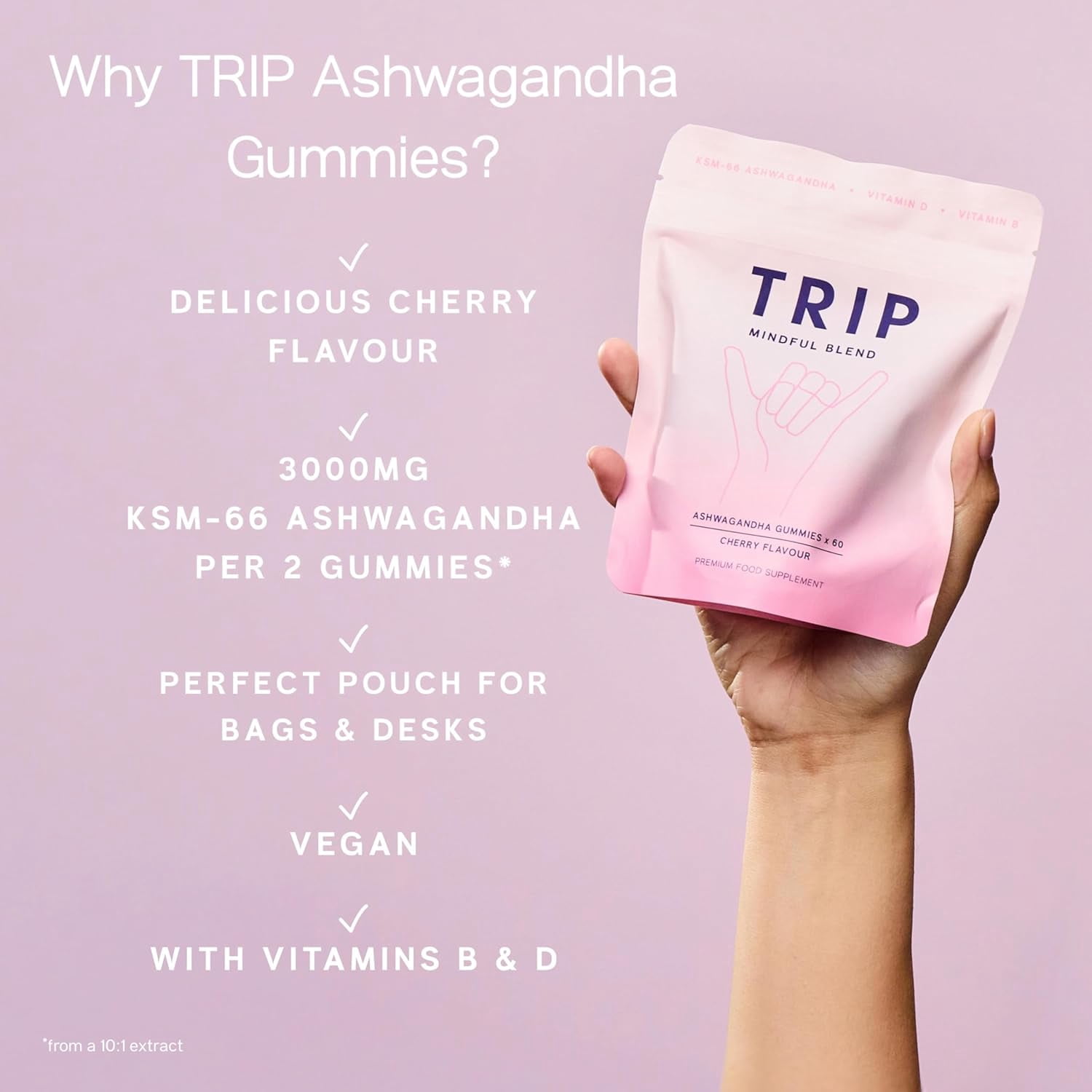 TRIP Ashwagandha Gummies with Vitamin D, B12 & B6, Stress Support Supplement, Non-GMO, Cherry Flavor, 60 Count