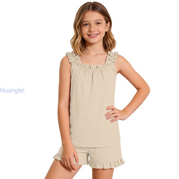 Huanglei Girls Summer Sleeveless Tank Top And Shorts Casual Lace Trim Outfit Girls Tank Top Sets,Size 5-6 Years /Little Kid/Beige