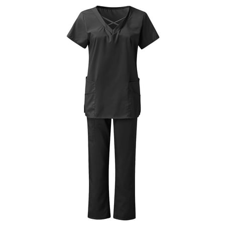 

Yyeselk Scrub Sets for Woman 2 Piece Working Uniform Short Sleeve Scrubs Tops Blouse Top Long Pants Set Solid Nurses Nursing Top with Pocket(Black S)