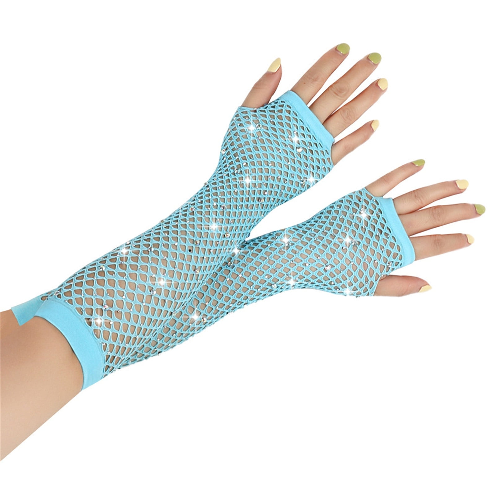 XMMSWDLA Rhinestone Fingerless Fishnet Gloves Long Crystal Glitter Fishnet  Arm Sleeve 80s Mesh Gloves For Women Girls 1920s Accessories Mesh Gloves  Light Blue 