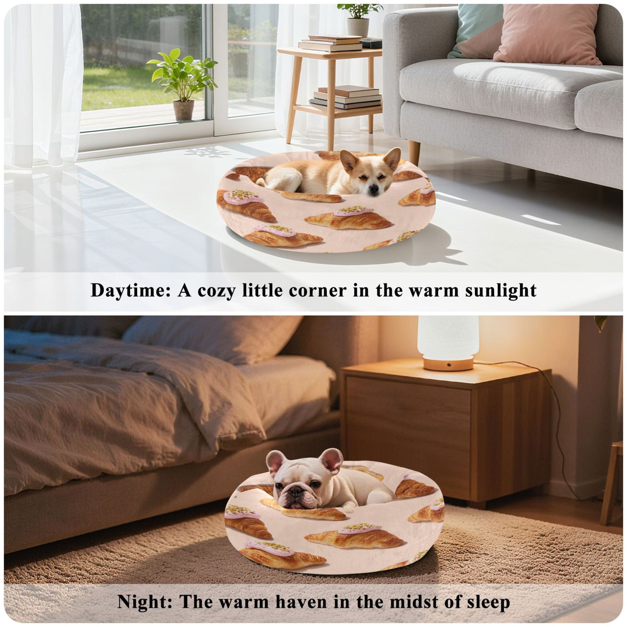Iauyy Pet Couch Donut Cat Bed for Indoor Cats/Small Dogs Washable & Machine with Non-slip Bottom Calming Cat Furniture, Realistic Horn-shaped Bread (M)