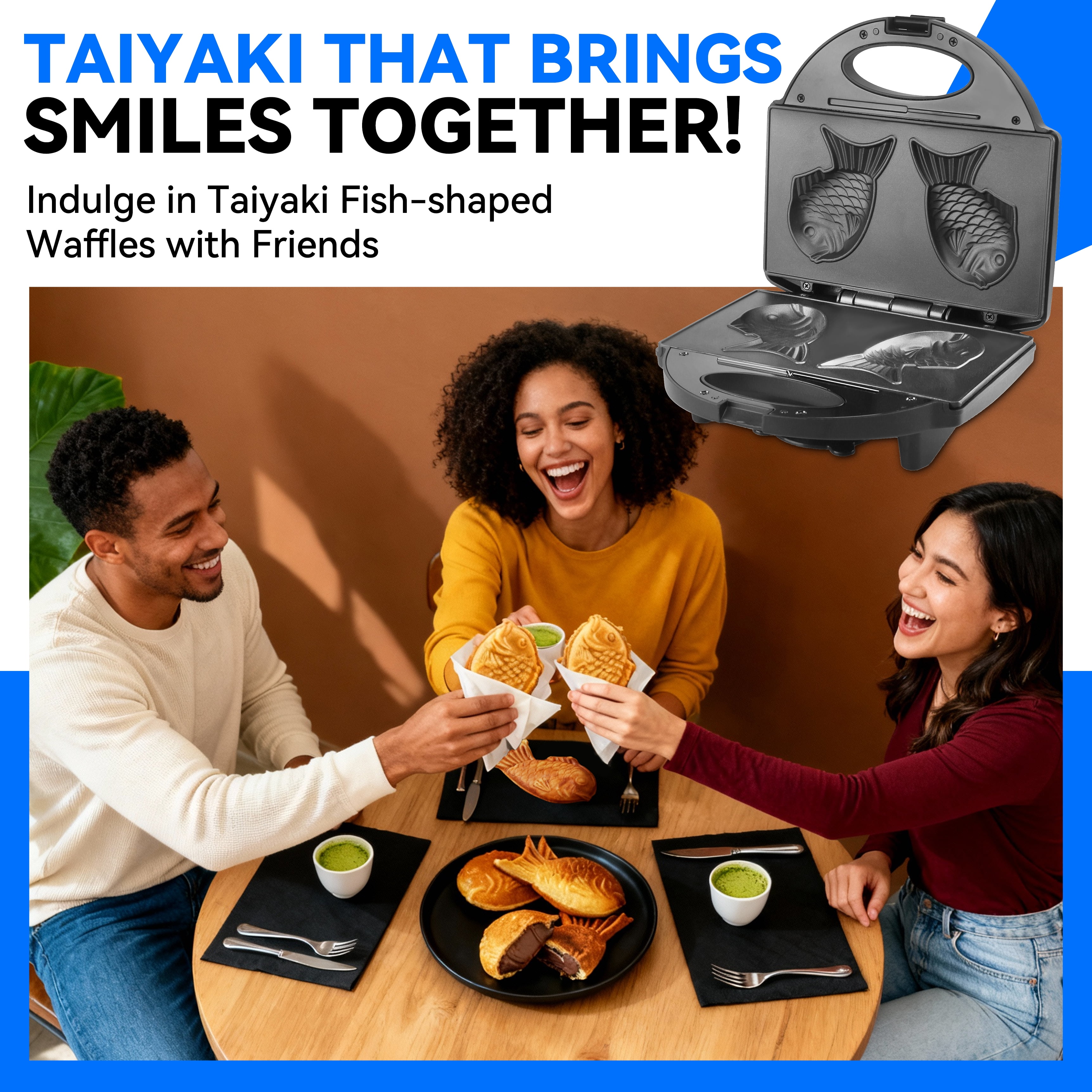 Mailand Taiyaki Fish Waffle Maker Machine,  Electric Taiyaki Maker,   Small Waffle Maker for Kids & Family, 2 Per Batch Fish-shaped Taiyaki, Non-stick Surface