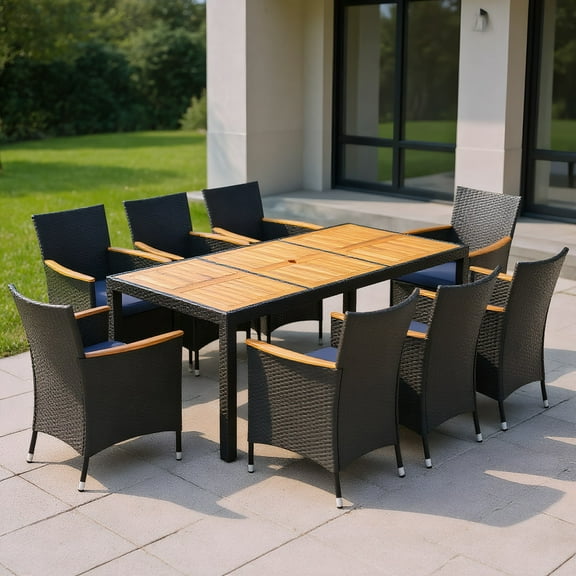 YYAo Outdoor Eating Sets,Patio Dining Furniture,9 Pieces Outdoor Dining Set with Acacia Wood Tabletop for Garden-Navy