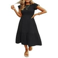 thumbnail image 1 of Femmes Été Casual Flutter Manches Courtes Cou Smocked Taille Élastique Étagé Robe Midi, 1 of 5