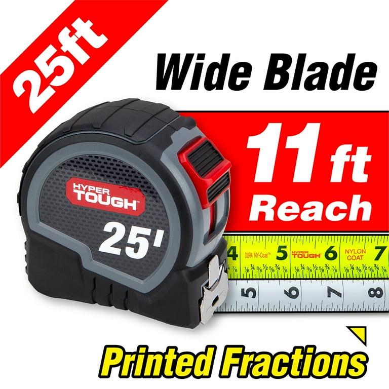 Hyper Tough 25ft Steel Tape Measure with Wide Blade, Fractional