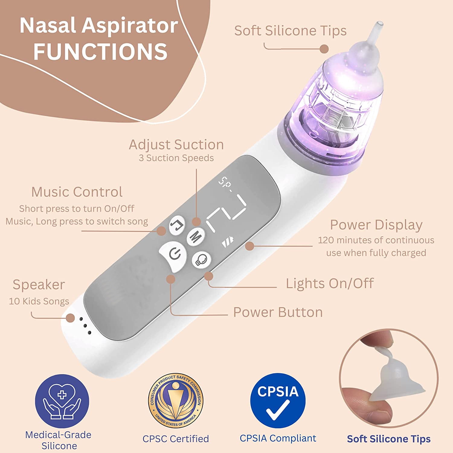 Kiddieware Electric Baby Nasal Aspirator - 3 Suction Levels, Music and Colorful Lights - 0-12yr