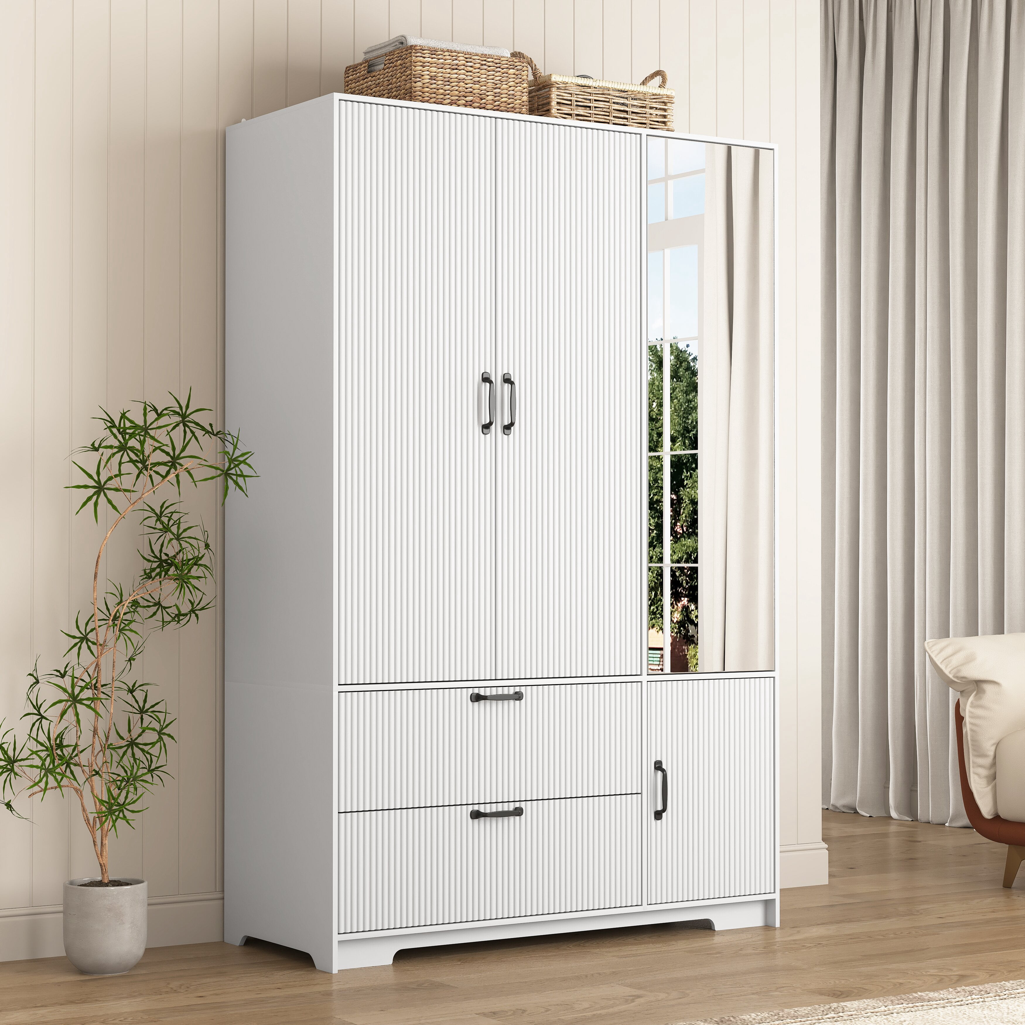 Mintazer Freestanding Wardrobe Armoire with Mirror & 4 Door, 71" Tall Clothing Storage Cabinet with Motion Sensor Light & 2 Large Drawers for Bedroom, White