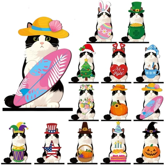 Interchangeable Seasonal Wooden Cat Decor Set, Cute Cartoon Cat Standing Sign with Themed Hats, Farmhouse Tabletop Ornament for Holiday Home Tiered Tray Office Desk Decoration