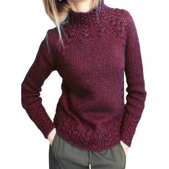 Capreze Winter Warm Jumper Tops Cable Pullover for Women Casual Knitted Sweaters Work High Neck Sweater Claret M