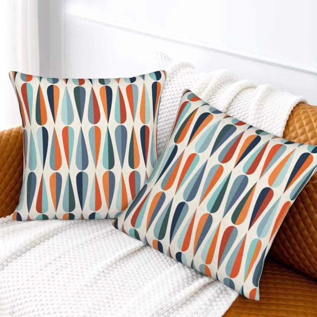 Boho Pillow Covers 18x18 Set Of 2 - Abstract Geometric Sunset Design, Linen Farmhouse Decorative Covers For Sofa Bed