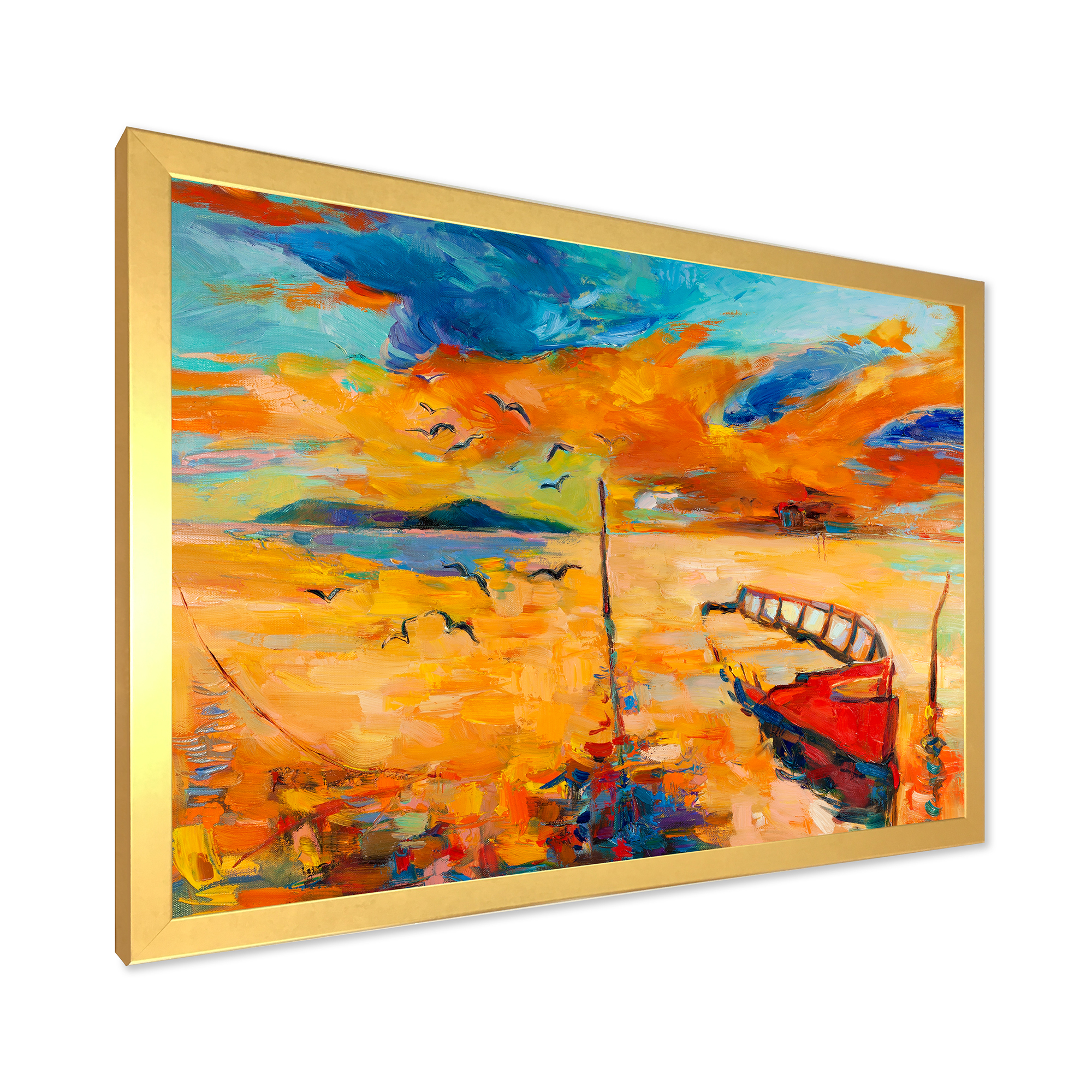 Boat At The Lake During Evening Glow VIII 20 in x 12 in Framed Painting Canvas Art Print, by Designart