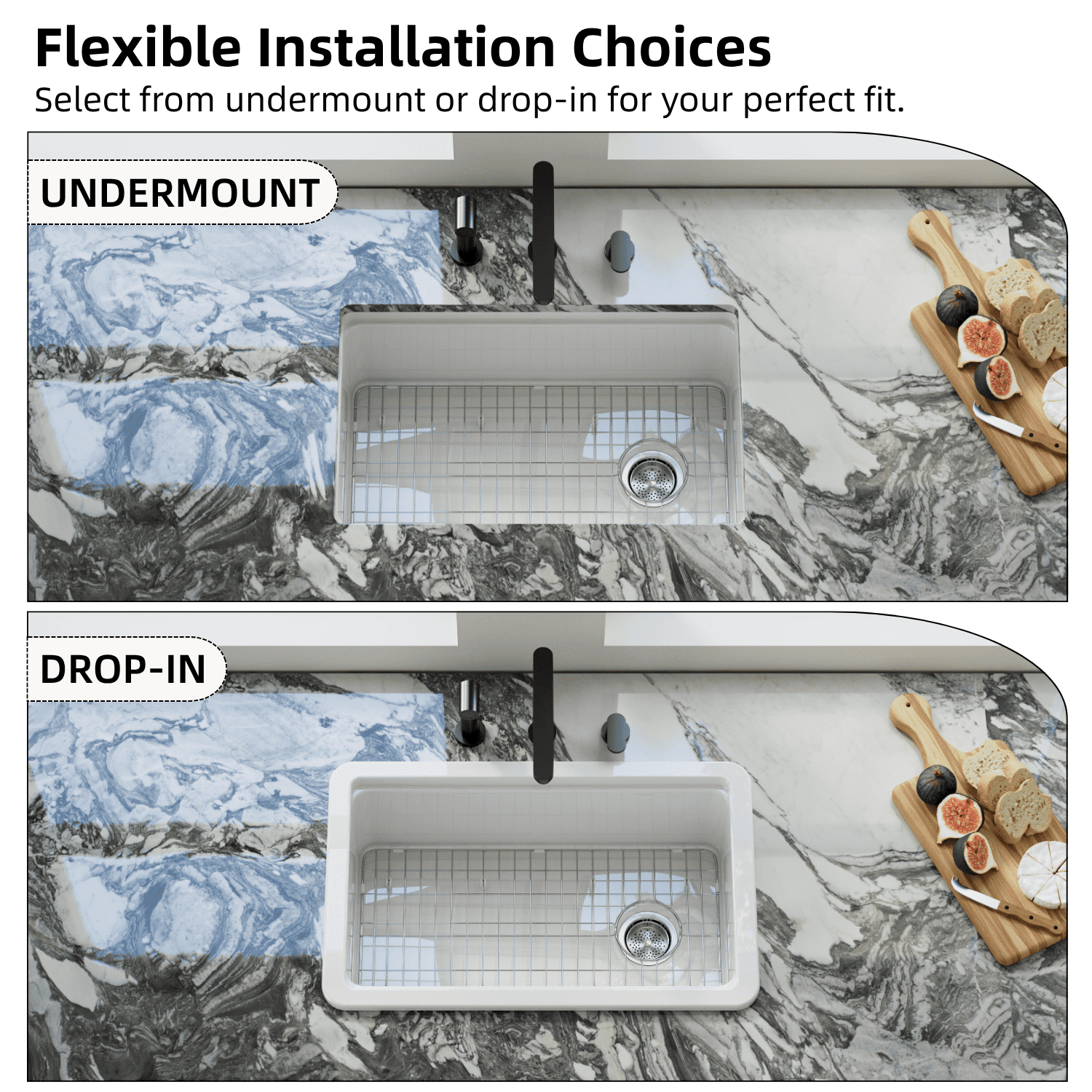 Los Flexi 30” × 19” White Kitchen Sink Fireclay Workstation Offset Drain Dual Mount Installation Deep Single Bowl Drying Rack Cutting Board Included