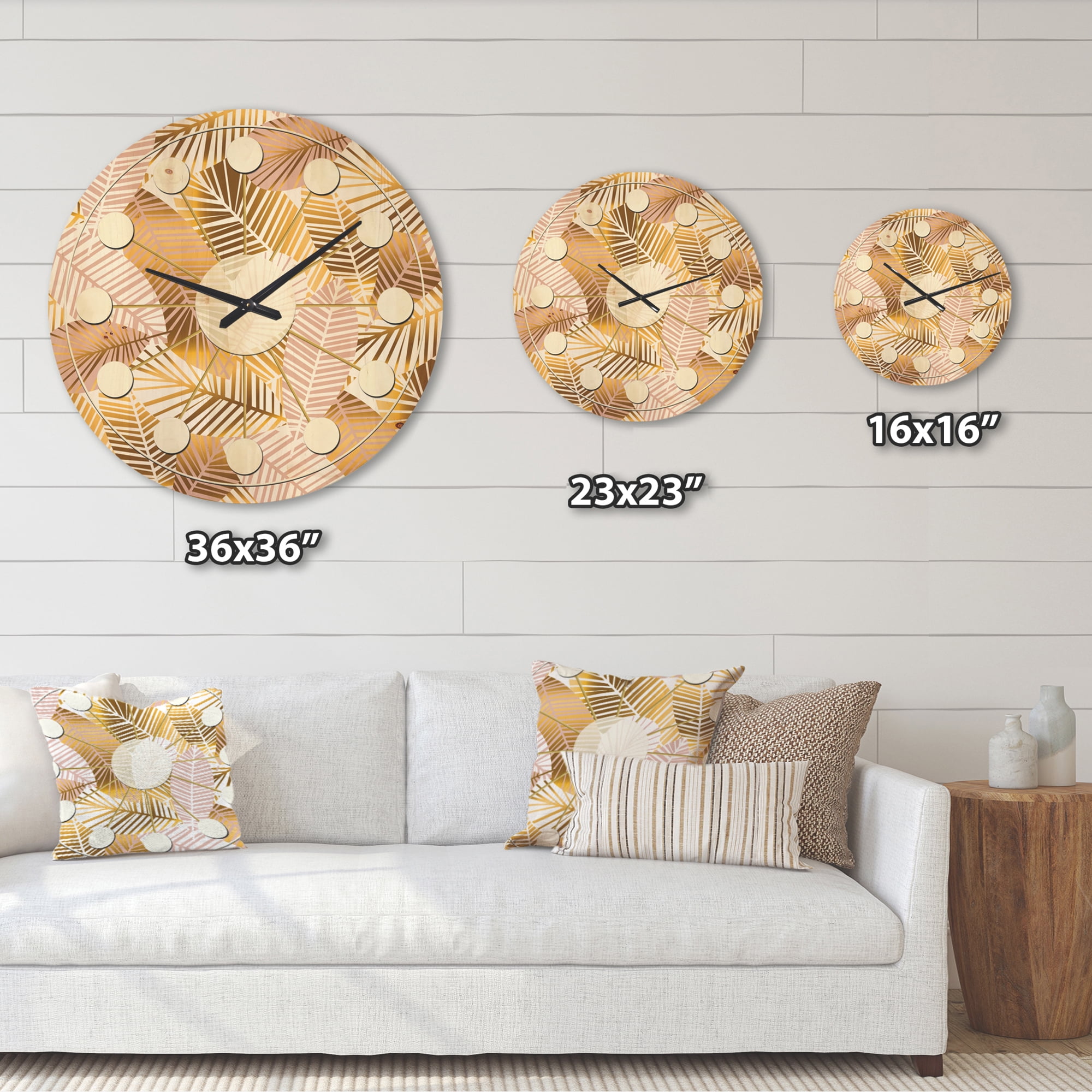Designart 'Palm Golden Leaves II' Mid-Century Modern Wood Wall Clock