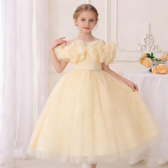 CIAKGIAF Big Girls Dresses Casual Mesh Fluffy Round Neck Comfortable Sleeveless Summer Solid Color Elegant Party Dress Beige for 4-15Y