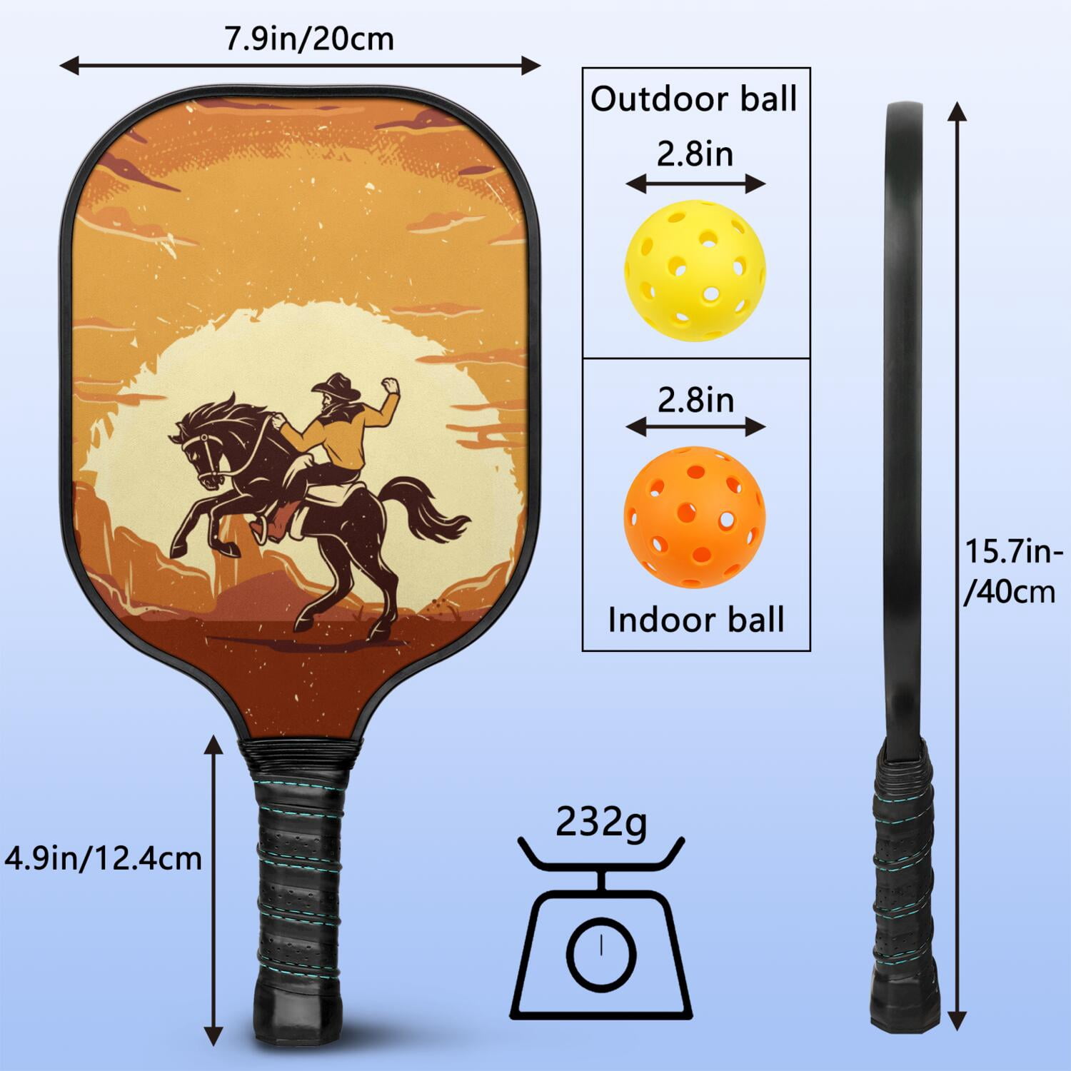 Pickleball Paddles Set Of 1, Fiberglass Surface, West & Cowboy Print, 1 Paddle, 2 Balls & Bag