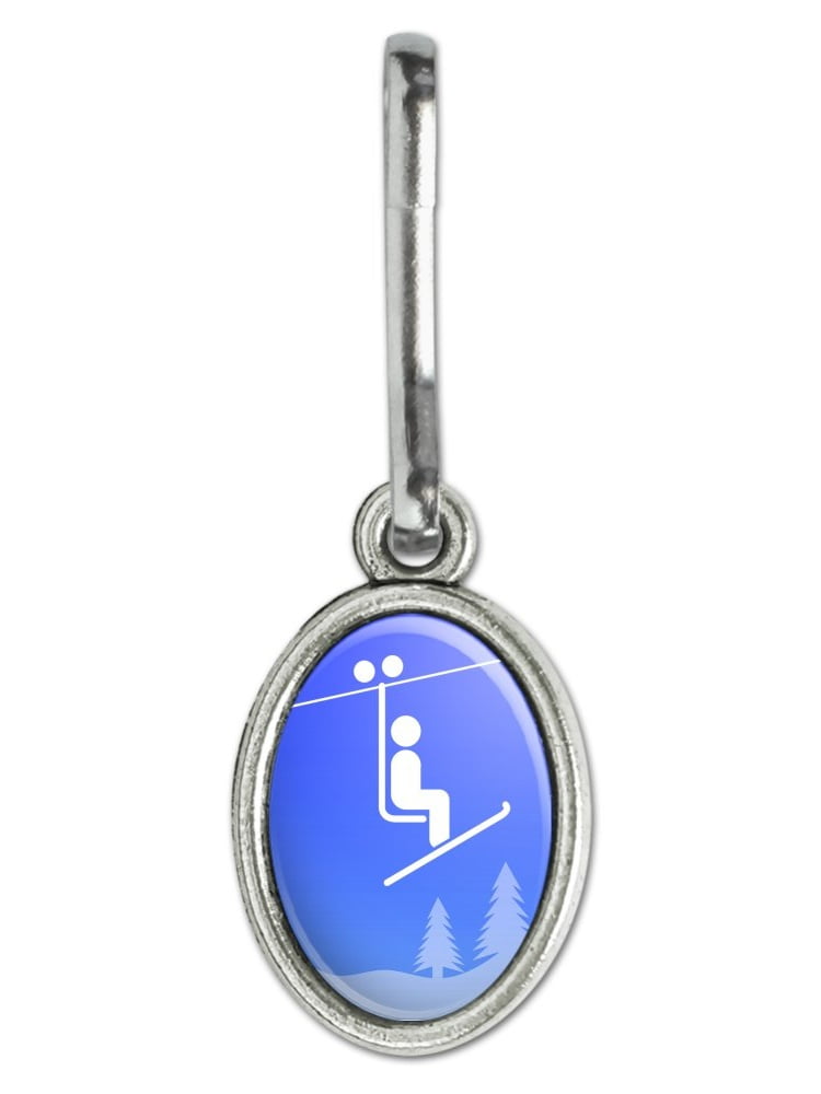 Skiing Ski Lift Symbol in Snow Antiqued Oval Charm Clothes Purse Suitcase Backpack Zipper Pull Aid by Graphics and More