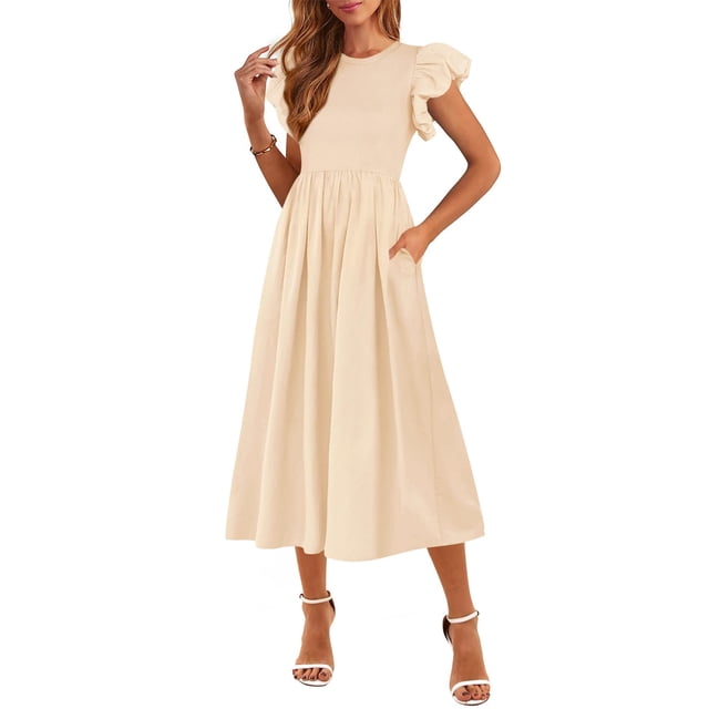 Vestido de verano CFLONGE 2025 para mujer, manga corta abullonada, beige