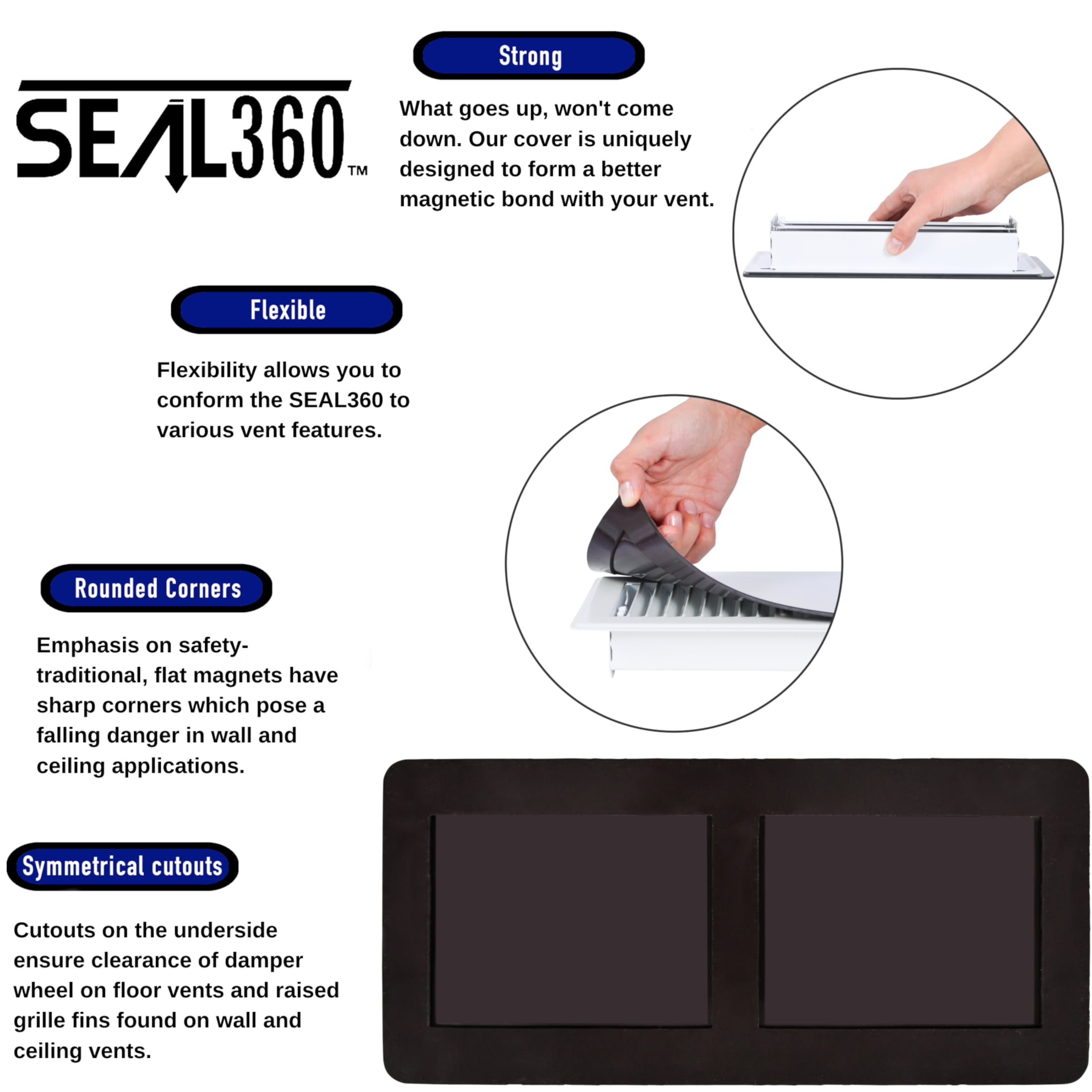SEAL360 Strong Magnetic Vent Covers, Pocketed Design, 3.5" x 14" (White, 3-Pack) for Floor, Wall, or Ceiling Vents and Air Registers, RV, Home HVAC and AC Vents, Vent Not Included