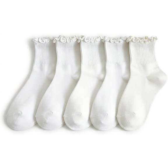 OQRKI 100 Percent Cotton Ruffle Socks Women,5 Pairs Pure White Ruffle Socks,Frilly Ruffle Ankle Socks Cotton