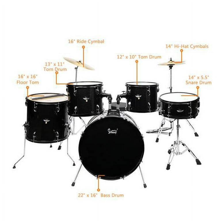 SALE CLEARANCE Glarry Full Size Adult Drum Set 5 Piece Black with Bass Drum two Tom Drum Snare Drum Floor Tom 16