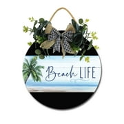 Eveokoki Beach Life Front Door Sign Funny Wreaths Hanging Wooden Plaque Decoration Round Rustic Wood Farmhouse Porch Decor for Home Front Door Decor, 12 x 12 Inch