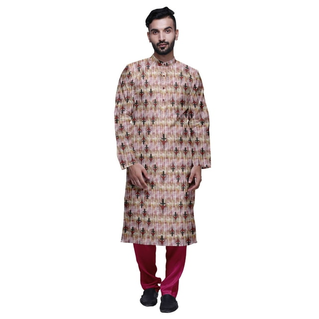 Atasi Ensemble Kurta Traditionnel en Satin Slub Imprimé à Col Mandarin pour Hommes