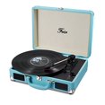 thumbnail image 1 of Reproductor de discos estéreo de vinilo azul, tocadiscos portátil de 3 velocidades, Maleta integrada con 2 altavoces, salida de línea RCA, conector auxiliar para auriculares, grabadora de PC, 1 of 5
