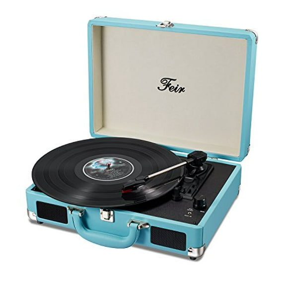 Reproductor de discos estéreo de vinilo azul, tocadiscos portátil de 3 velocidades, Maleta integrada con 2 altavoces, salida de línea RCA, conector auxiliar para auriculares, grabadora de PC