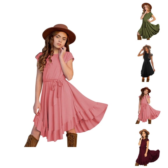 Dresses for Girls Princess Dresses Kids Little Girls Vintage Dress Solid Short Sleeve Ruffles Swing Retro Rockabilly Dresses 7-12Y Party Dresses Clothes