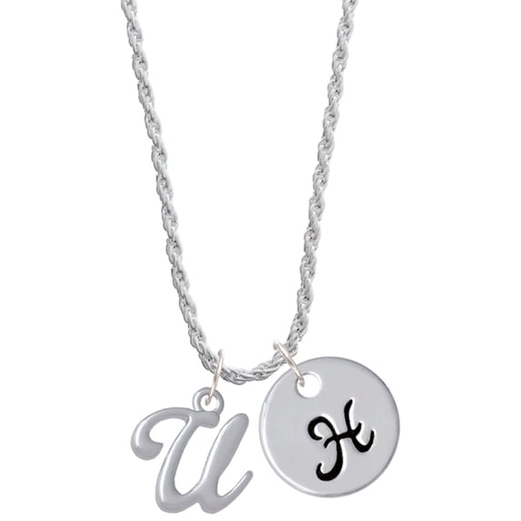 Delight Jewelry Silvertone Small Gelato Script Initial - U - Silvertone Script Initial Disc - H - Charm Necklace, 20"+3"