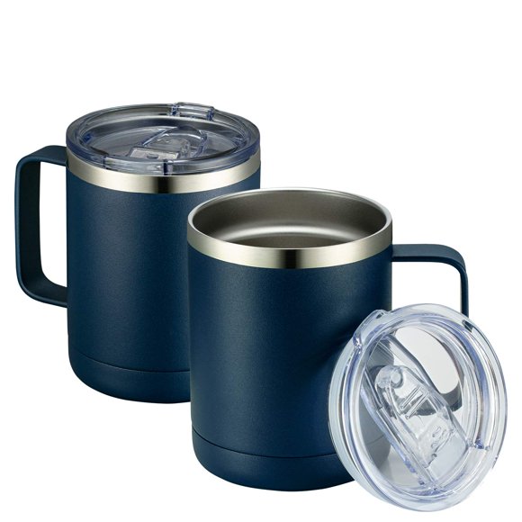 MEWAY 12oz Coffee Mug With Handle 2 Pack Bulk,Stainless Steel Insulated Travel Tumblers With Sliding Lid,Double Wall Vacuum Camping Cup for Hot & Cold Drinks (Navy Blue, 2)