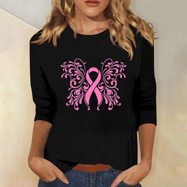 Jsaierl Hauts de Sensibilisation pour Femmes Ruban Rose T-Shirts Graphiques Cancer du Sein T-Shirts Décontractés Manches 3/4 Col Rond Pull Chemises Inspirantes