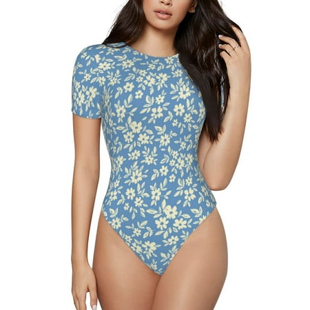 Cauagu Floral Retro Style Women s Crew Neck Round Short Sleeve T Shirts Tops Bodysuit Daily Jumpsuit-Small