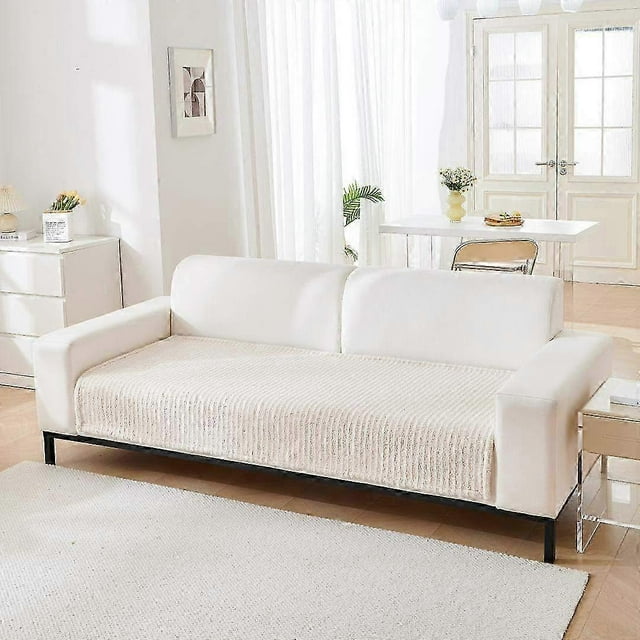 Solid Sherpa Anti-Slip Sofa Cover with PU Decor Label - Universal Furniture Slipcover for Living Room Couch & Seat Protection