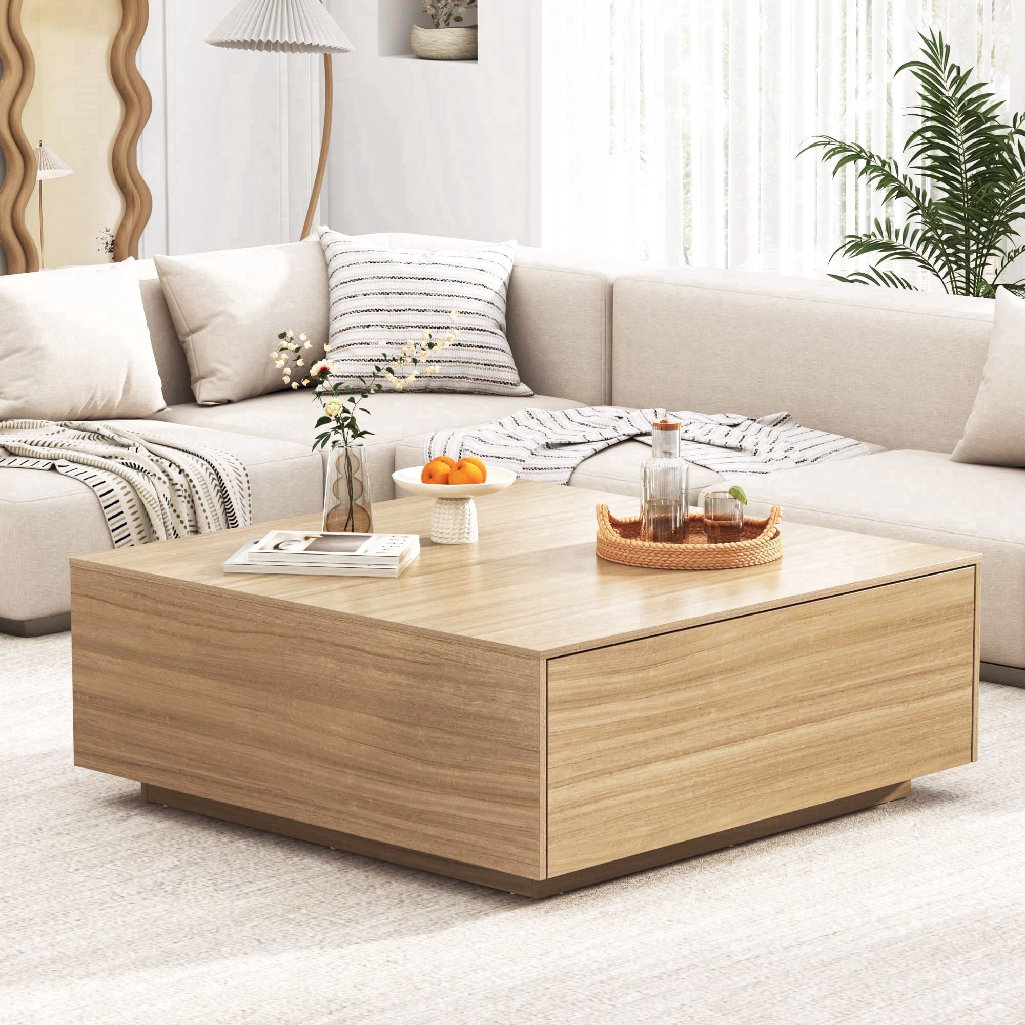 Blotout 43" Square Coffee Table with Storage, Oversized Wood Center Table with 2 Massive Drawers for Living Room, Neutral Wood
