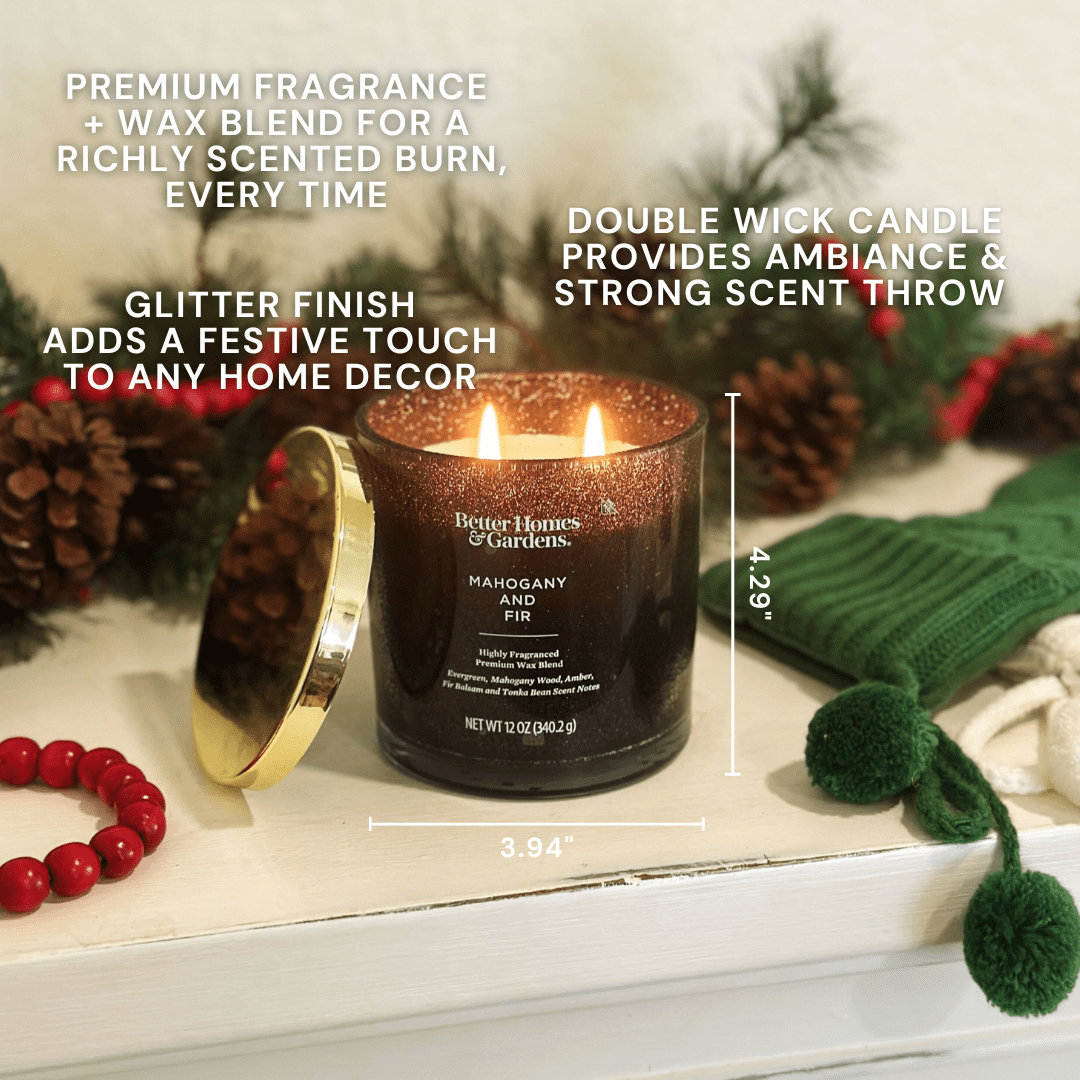 Better Homes & Gardens Mahogany and Fir Scented 2-Wick Glitter Jar Candle, 12 oz
