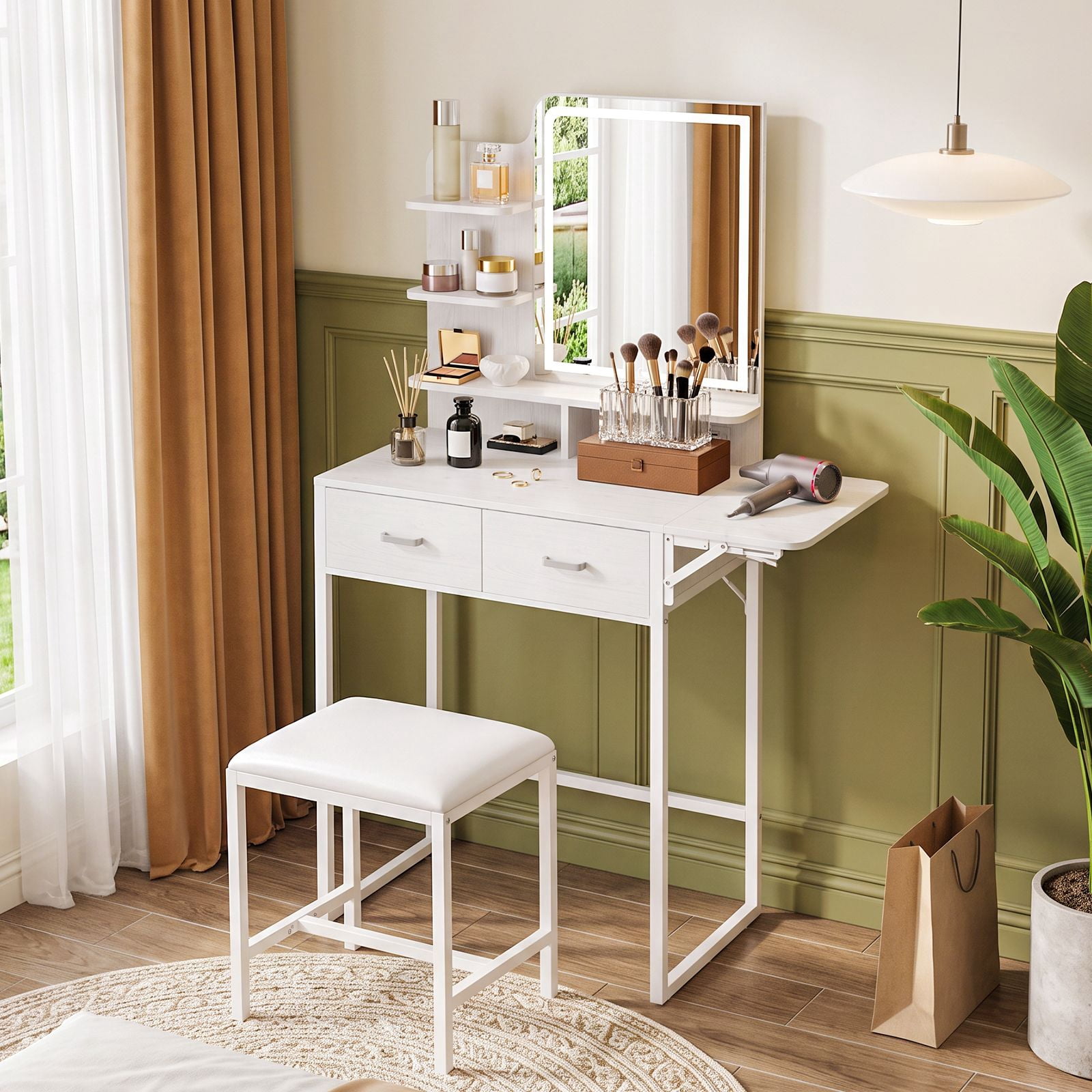 Vanity Desk with LED Lighted Mirror, Foldable Makeup Table Set with 2 Drawers, Cushioned Stool, Built-in Power Outlet and USB Ports, Open Storage Shelves, 32.6 in Extended Width